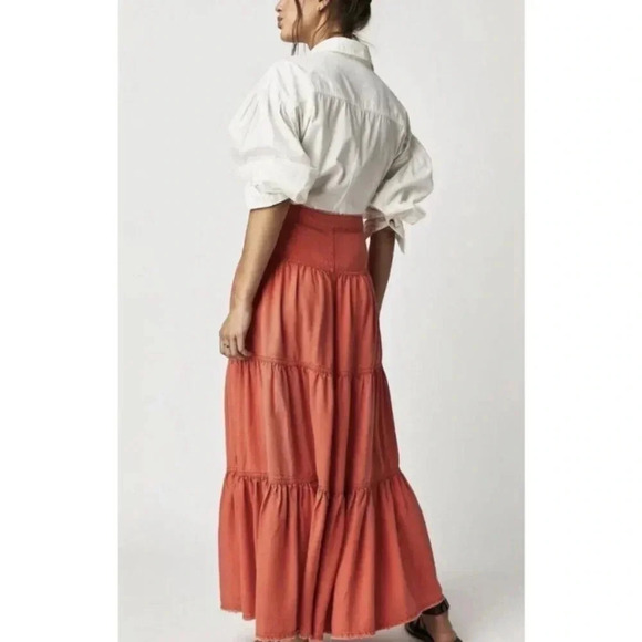 NWT Free People Dreamweaver Maxi Skirt Denim Jean Tiered High Rise Orange - Picture 5 of 16